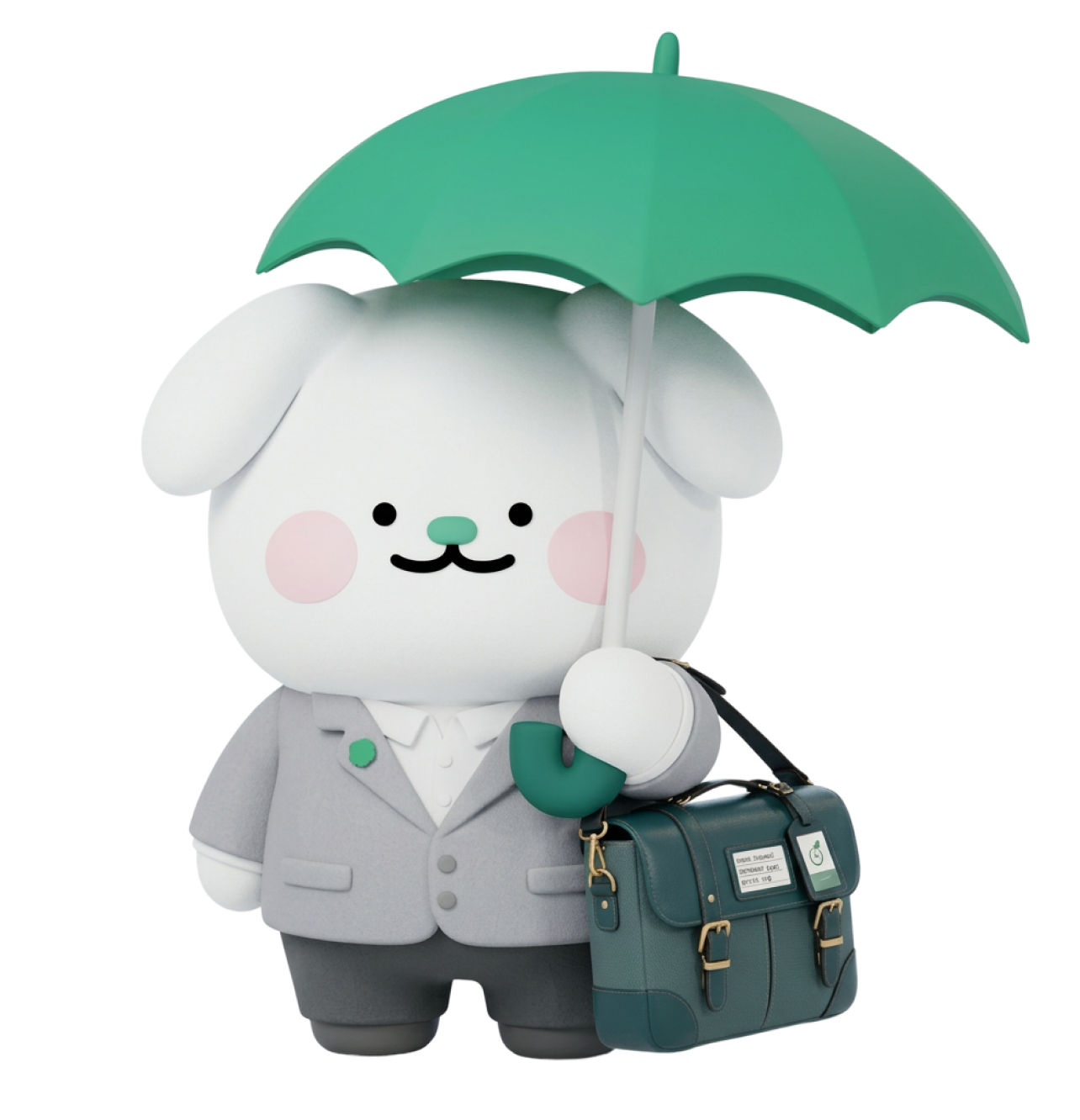 Cho Mung E in a suit holding a briefcase and green umbrella