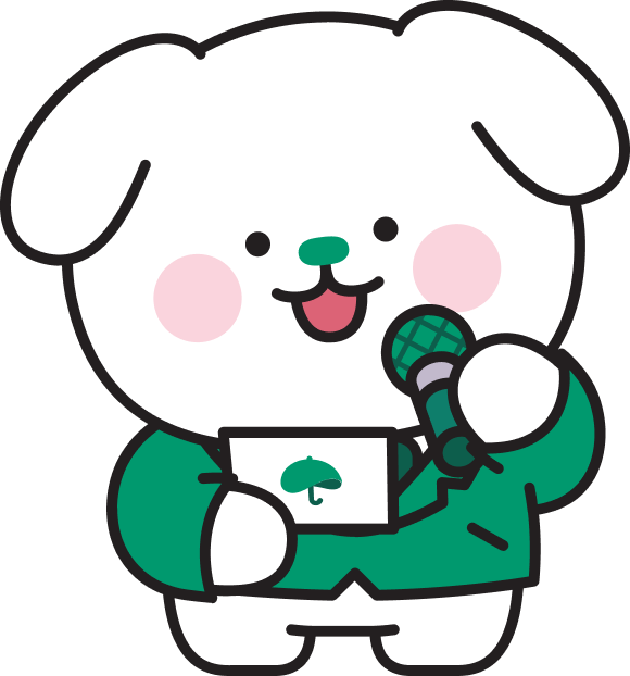 Cho Mung E, the friendly white mascot wearing a green jacket and holding a microphone
