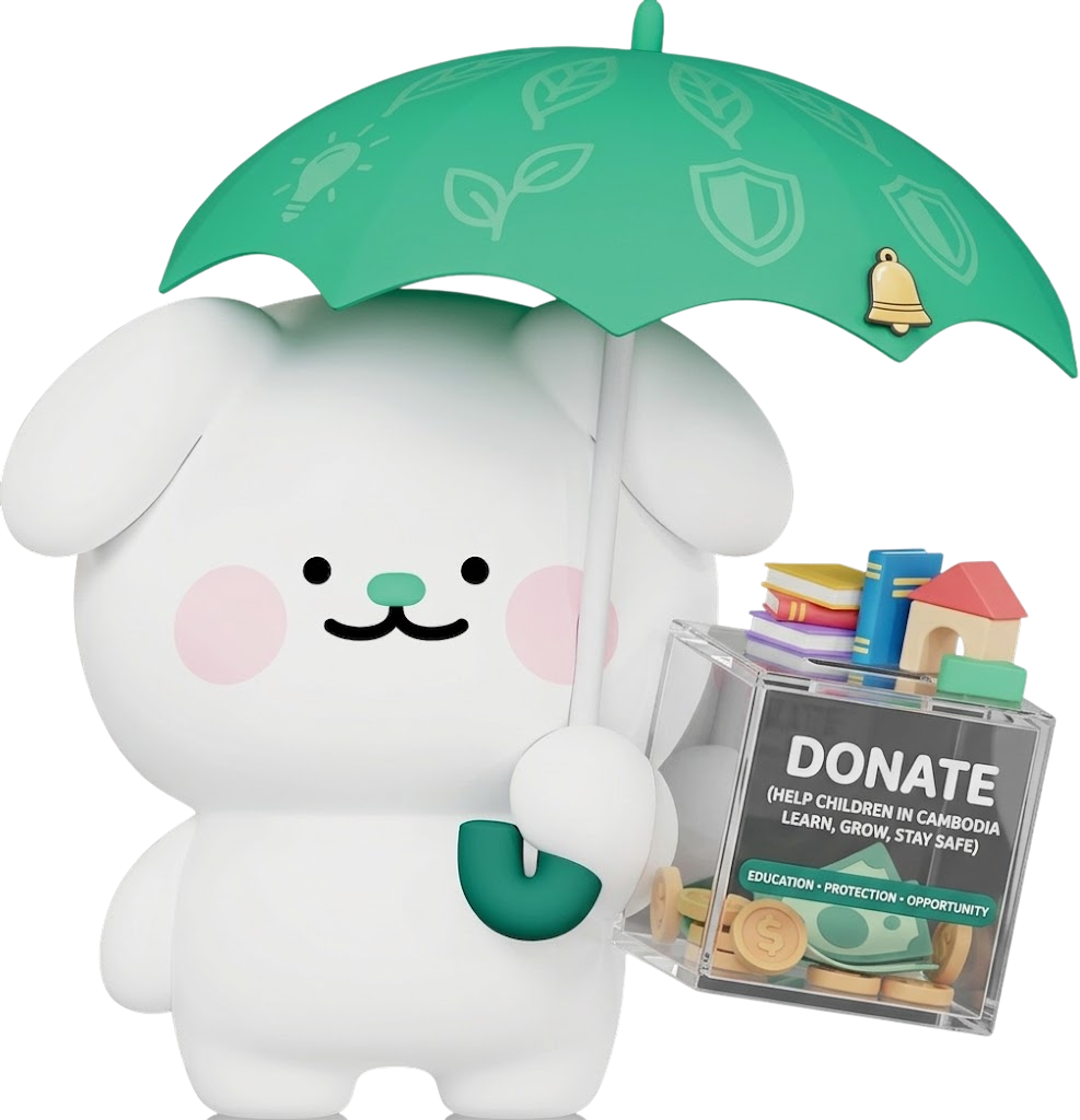 Cho Mung E holding a donate box and a green umbrella