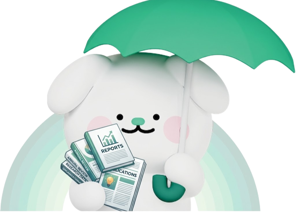 Cho Mung E holding reports and publications under a green umbrella